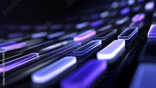Close-up angled view of glowing purple and blue keyboard keys with shallow depth of field on a dark background, concept for cybersecurity, data entry