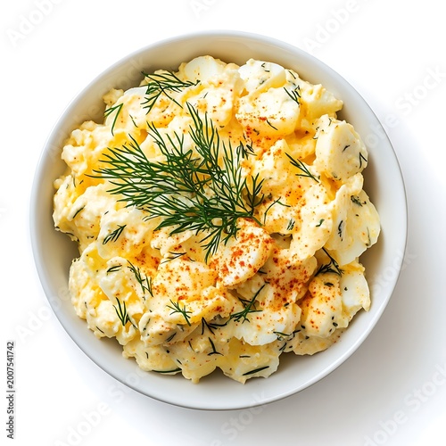 Bowl of creamy egg salad with fresh dill and paprika isolated on white background