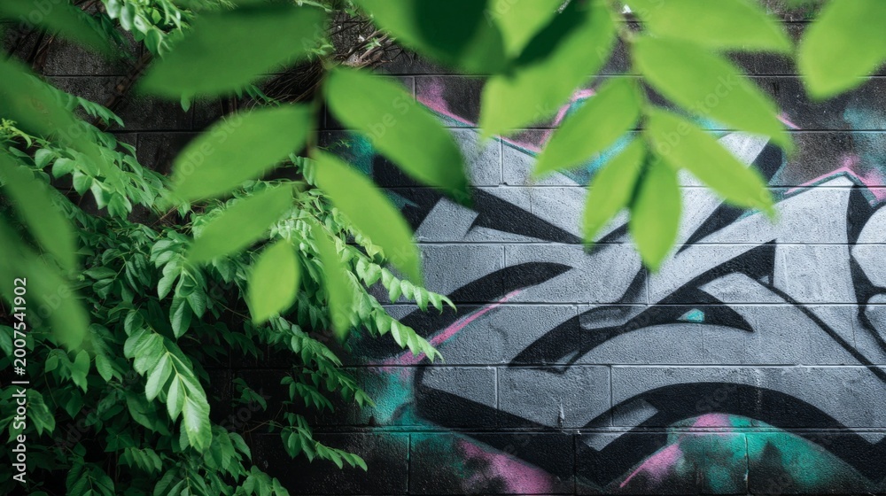 Obraz premium Vibrant graffiti art hidden behind lush green leaves in an urban setting.