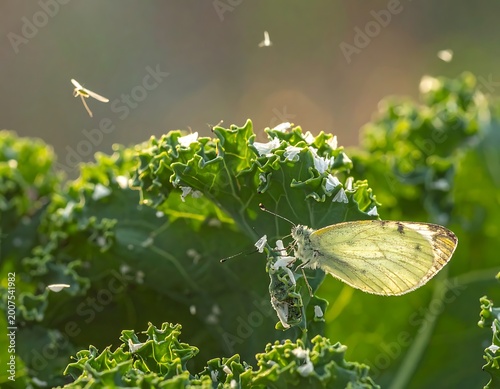 A butterfly on green leaves with small insects flying