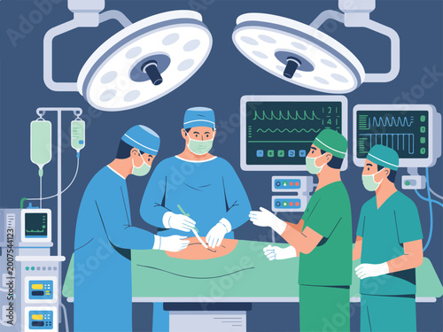 Photos A professional surgical team of doctors and nurses performing a surgery in a modern operating room with medical heart rate monitors
