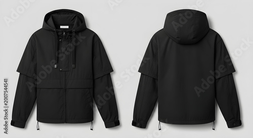 Stylish black technical hooded jacket with layered sleeves and adjustable drawstrings shown from the front and back.