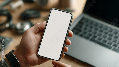 Hand holding smartphone with blank white screen mockup, laptop and headphones blurred in background, warm workspace setting, concept for app
