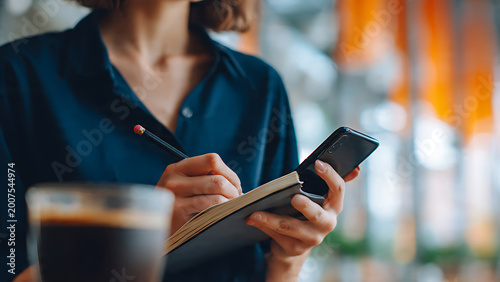 Hands writing in notebook with smartphone and coffee cup, close-up shot with warm blurred background, concept for business productivity, remote work