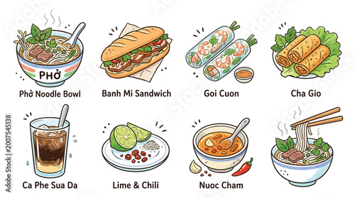 Фотография A vibrant collection of popular Vietnamese dishes and beverages, including pho, banh mi, spring rolls, and iced coffee, depicted in a colorful cartoon style