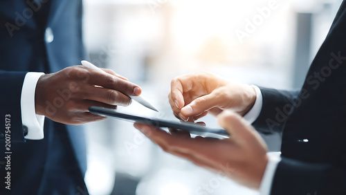 Professional hands in suits interacting with a tablet and stylus, shallow depth of field, ideal for business technology, digital workflow and