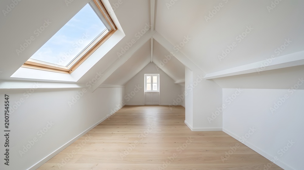 Fototapeta premium Renovated Attic Room White Walls Wood Floor Skylight