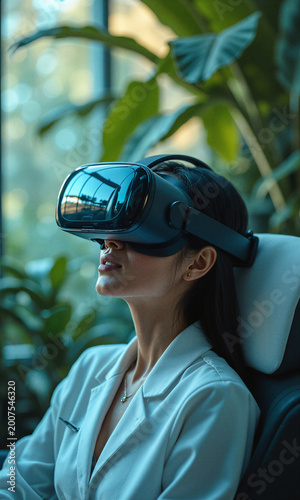 Virtual reality headset woman sits in greenhouse experiencing immersive technology for therapy and digital wellness