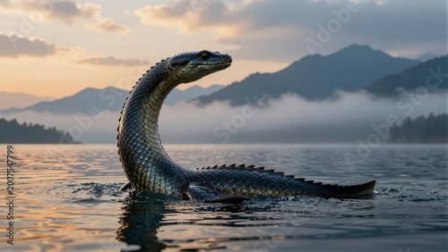 A mythical creature emerges from a misty lake at sunset, its long neck and scaly body visible against the mountainous backdrop.