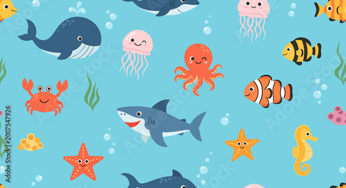 Colorful cartoon sea creatures swimming together.