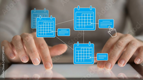 Hands using tablet with blue digital calendar icons and workflow planning interface, concept for project management, team scheduling and business