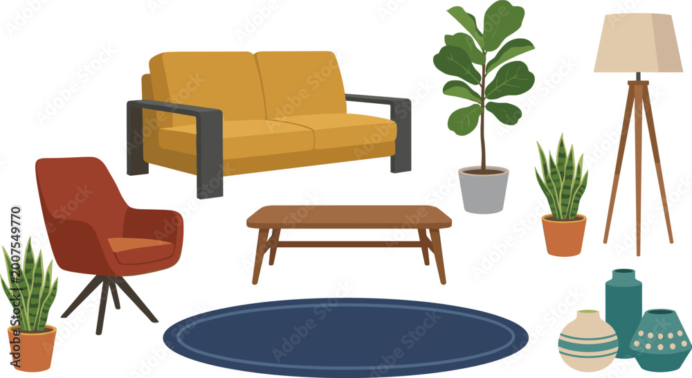 Fototapeta premium Home Furniture and Decor Set with Sofa, Chairs, Plants, Rugs, and Lamps for Interior Design and Living Room Spaces