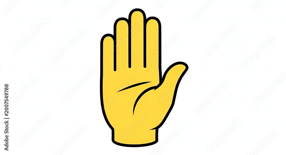 Fototapeta premium Bright Yellow Hand Showing Palm with Fingers Up and Thin Outline