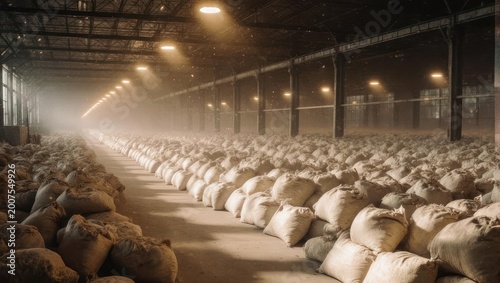 Large warehouse filled with countless sacks, illuminated by overhead lights, long perspective