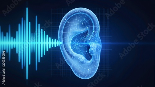 Stylized glowing blue ear with sound wave and neural network, representing auditory health and cochlear implant technology.