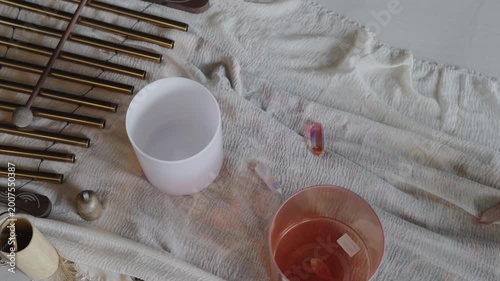 Sound Healing Instruments Setup - Crystal Singing Bowl, Chimes and Crystals for Meditation and Relaxation. Sound bath