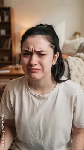 A young woman feeling unbearable smell of socks in hand unpleasant odor reaction and hygiene awareness