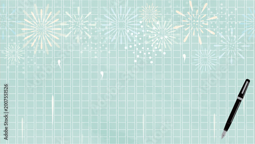 夏：花火入り全面原稿用紙に万年筆の背景イラスト（16：9）