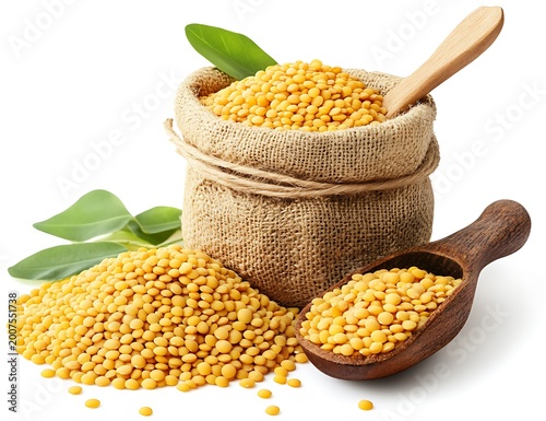 Yellow lentils in a burlap sack and wooden scoop isolated on white background