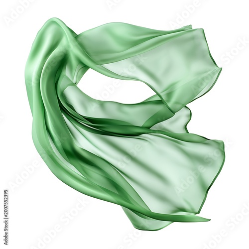 Flowing green silk scarf isolated on white background
