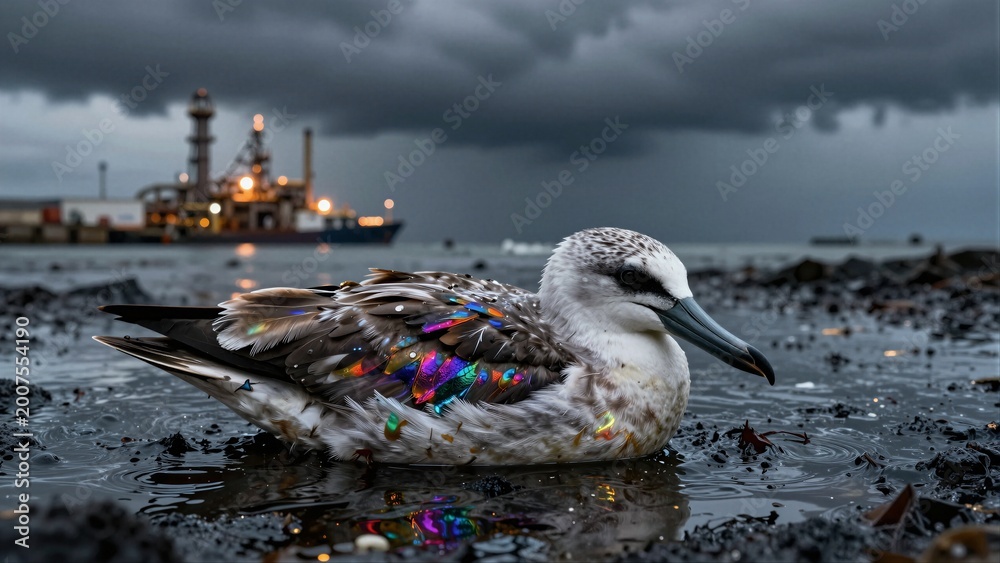 Obraz premium A seabird covered in iridescent oil sits on a polluted shoreline with an industrial port and stormy sky in the background, highlighting environmental damage.