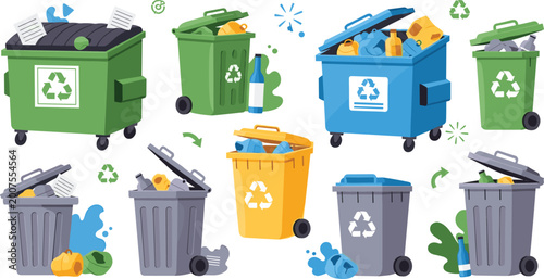 Billede på lærred Set of 9 Recycling Bin and Trash Container Illustrations with Bottles, Cans, and