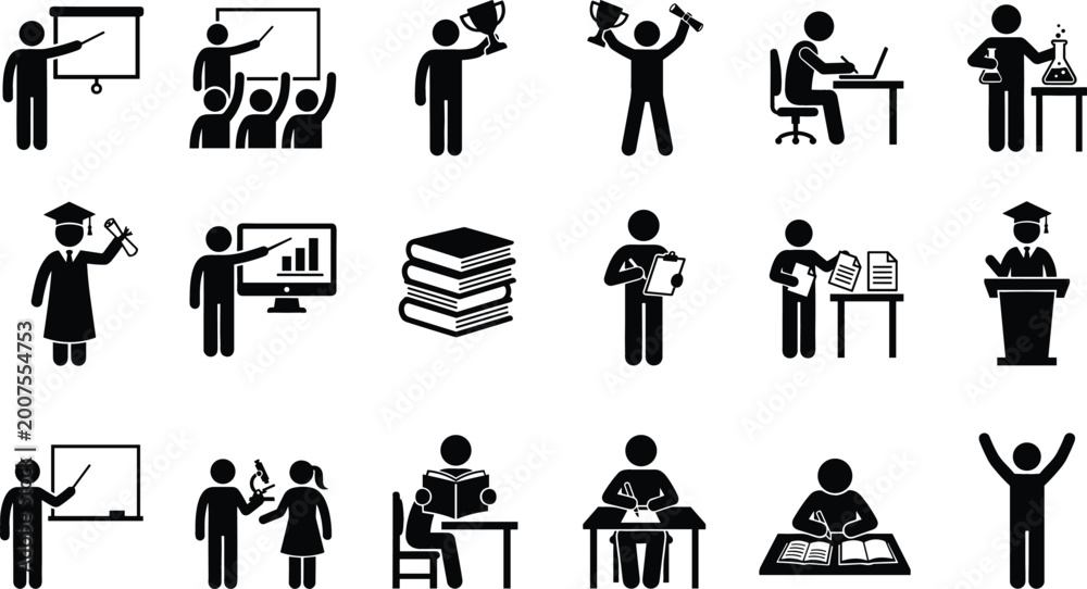 Obraz premium Education and Business Training Stick Figure Icon Set Featuring Teaching Learning Graduation Science Research and Academic Achievement Symbols for School University and Professional Development