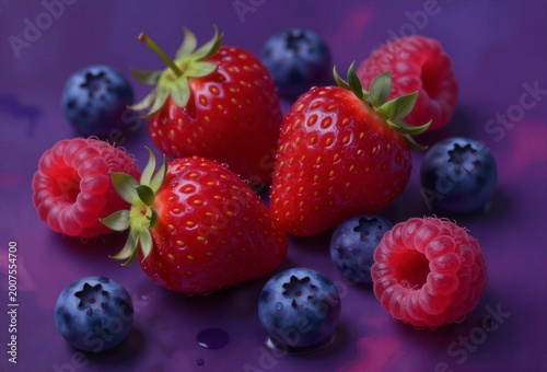 Fresh strawberries and blueberries on purple background