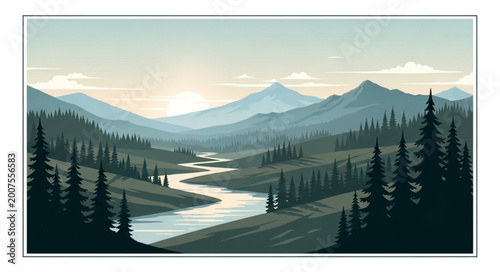 Foto Serene Mountain Valley River Landscape at Sunrise.