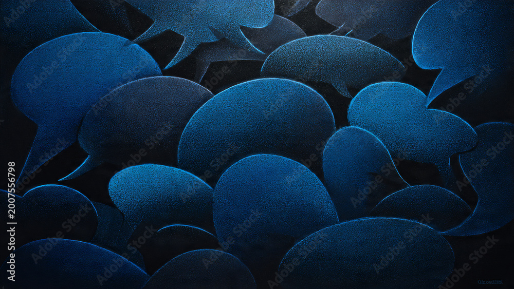 Fototapeta premium Abstract 3D rendered blue conversation bubbles with granular texture, overlapping on a dark background, suitable for social media icons, customer