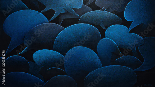 Abstract 3D rendered blue conversation bubbles with granular texture, overlapping on a dark background, suitable for social media icons, customer