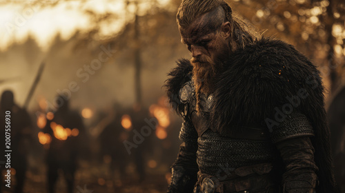 Fierce Viking warrior with beard and armor stands in a smoky forest setting