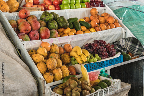 Fresh fruit stall inside the historic San Pedro Market in Cusco