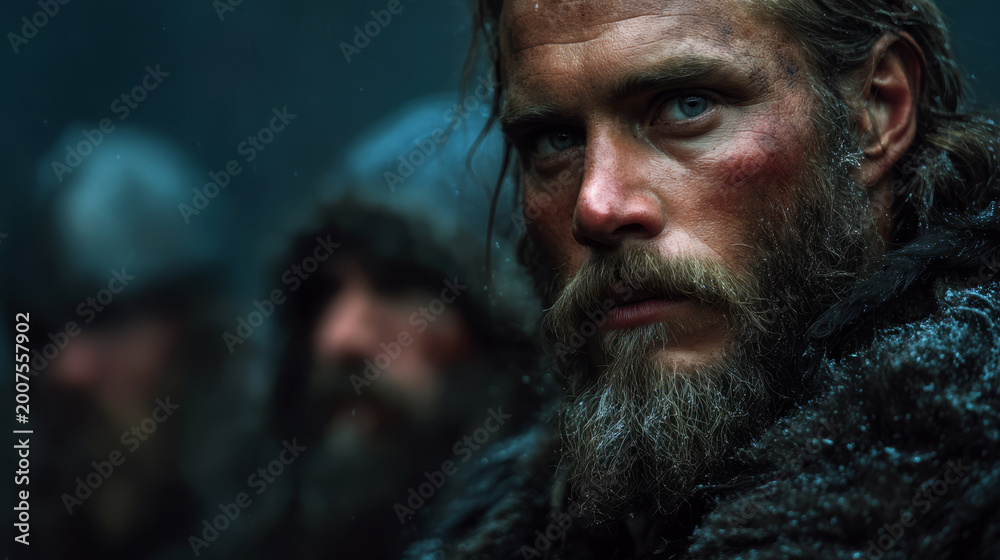 Fototapeta premium Intense close-up of a weathered Viking warrior with a beard in the snow