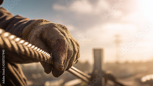 Close-up of a dirty textured work glove gripping a thick metal cable at sunset, showcasing industrial labor and manual effort, suitable for workplace