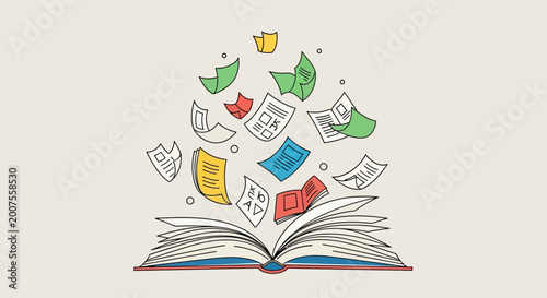 Open book with flying pages and colorful documents representing knowledge.