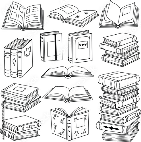 Foto Hand drawn sketch book collection and library icons with line art