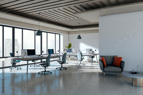 Modern open office interior with spacious desks, ergonomic chairs, computers, large windows, lounge area and contemporary business workspace design. 3D Rendering