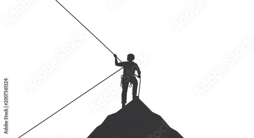 Bild auf Leinwand Silhouette of a climber reaching the summit holding ropes.