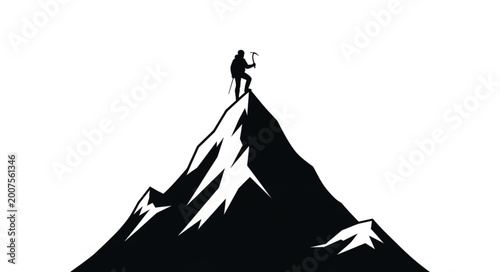 Quadro su tela Silhouette of a climber standing on a mountain peak holding an axe