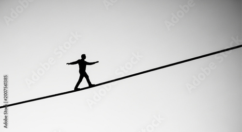 Tableau sur toile Silhouette of a person walking on a tightrope against a clear sky