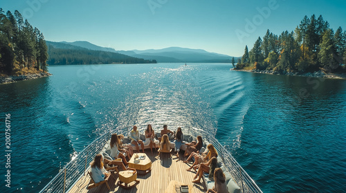Diverse group of young friends enjoying a luxury boat cruise on a serene mountain lake, celebrating sustainable travel, summer vacation, and outdoor lifestyle with scenic nature views, wide shot.