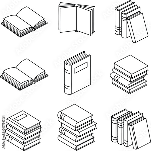 Isometric book icon set with stacked and open books