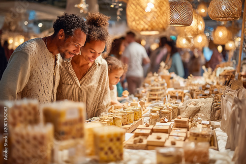 Diverse family shopping at a sustainable artisan market, browsing organic handmade goods and eco-friendly products in a warm, glowing atmosphere. Concept of conscious consumerism and local lifestyle.