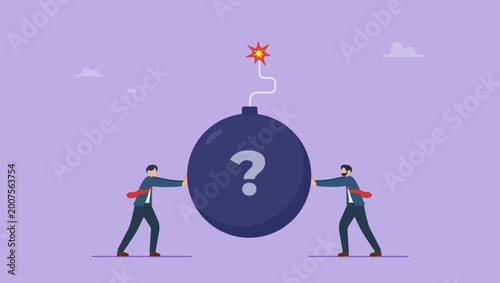 Business people pushing a burning bomb onto each other. Shirking responsibility for wrong mistakes or decisions, being selfish and irresponsible, Pushing problems and troubles onto each other concept.