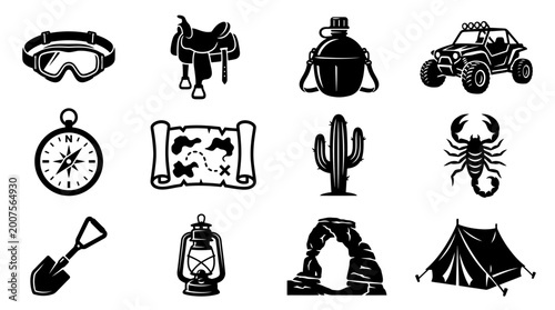 A premium vector silhouette icon set of 12 desert explorer tools: sand goggles, camel saddle, water canteen, dune buggy, compass, treasure map, cactus, scorpion emblem, folding shovel, lantern, 