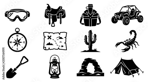 A premium vector silhouette icon set of 12 desert explorer tools: sand goggles, camel saddle, water canteen, dune buggy, compass, treasure map, cactus, scorpion emblem, folding shovel, lantern, 