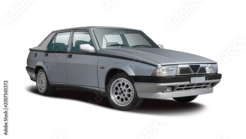 Schilderij op canvas Classic Silver Sedan - Vintage Italian Car Isolated on White Background