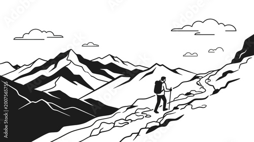Photography Man hiking on mountain peak trail.