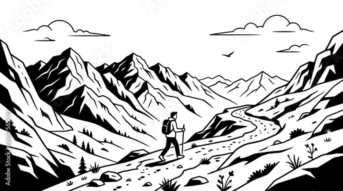 Bild auf Leinwand Man Hiking in Mountainous Terrain Outdoors.